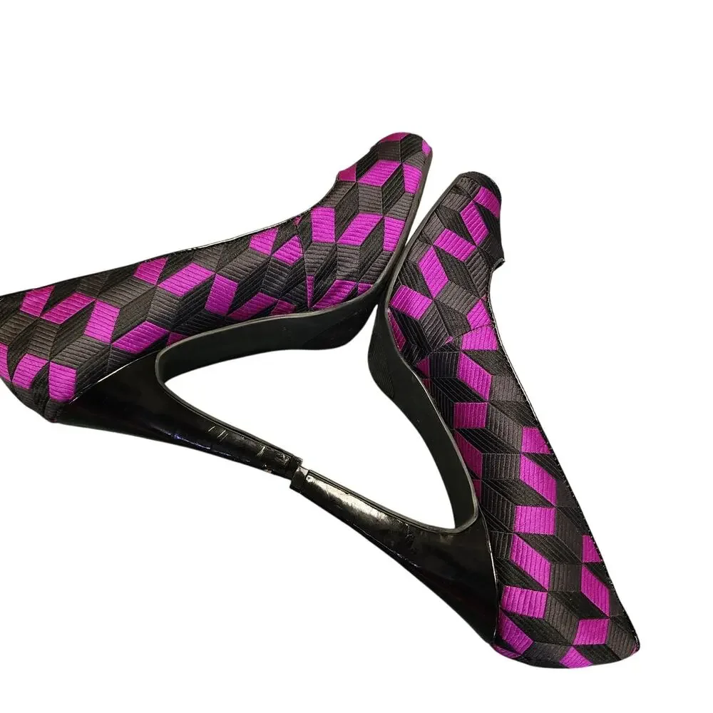 Nine West Women's Shoes, Purple & Black Fabric Peep Toe High Heel Pumps, Sz 8M